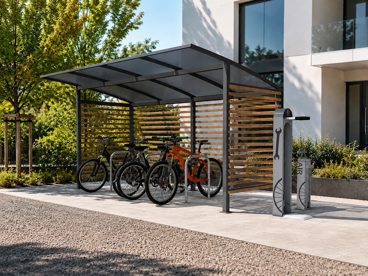 Abri vélo ouvert dans une copropriété avec station de réparation vélo et station de gonflage vélo